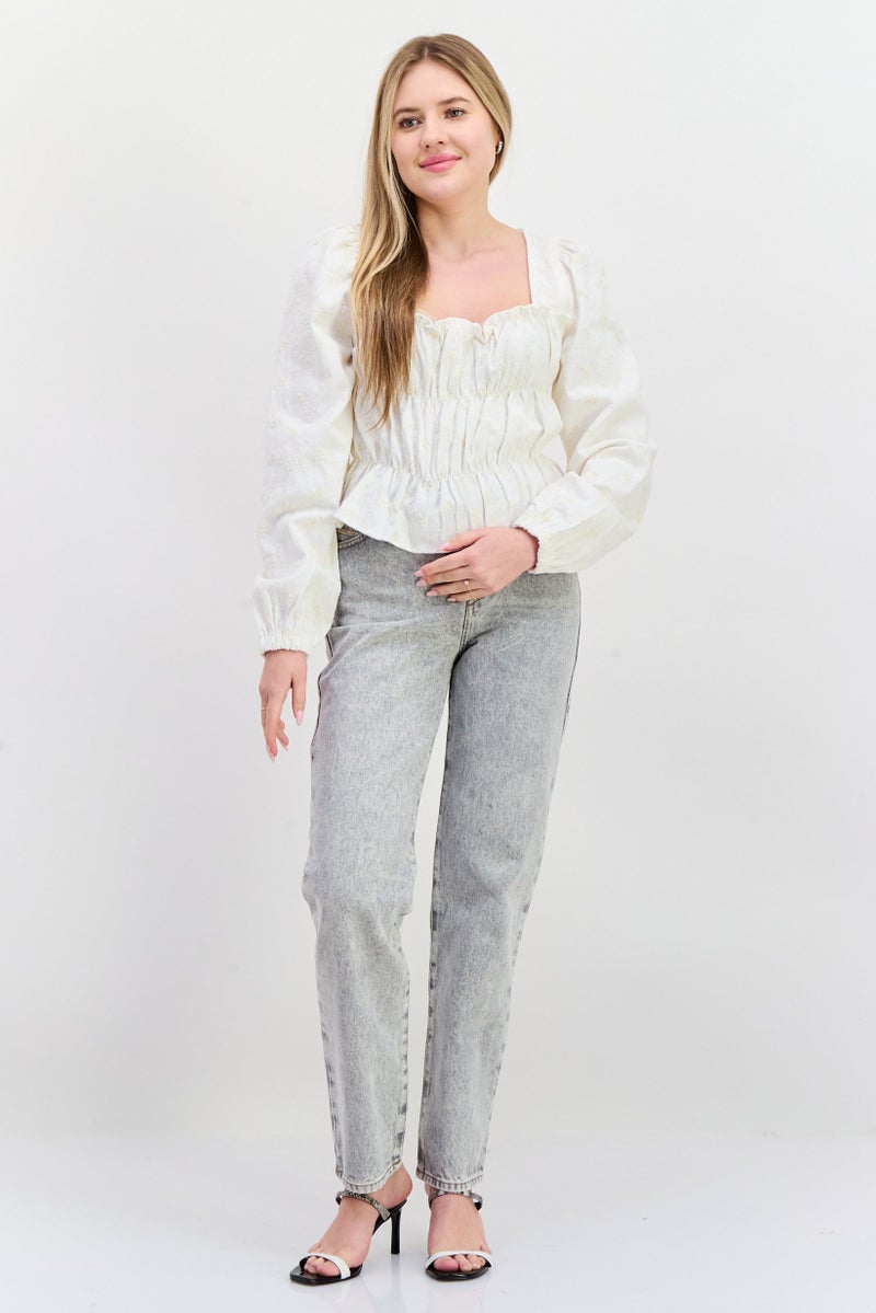 En Saison Women Square Neck Long Sleeve Embroidered Blouse, Off White  - Image 4