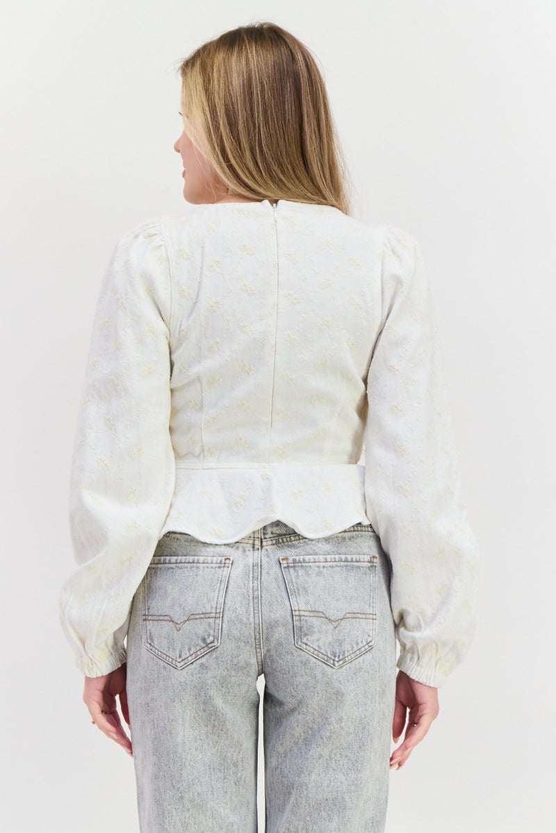 En Saison Women Square Neck Long Sleeve Embroidered Blouse, Off White  - Image 3
