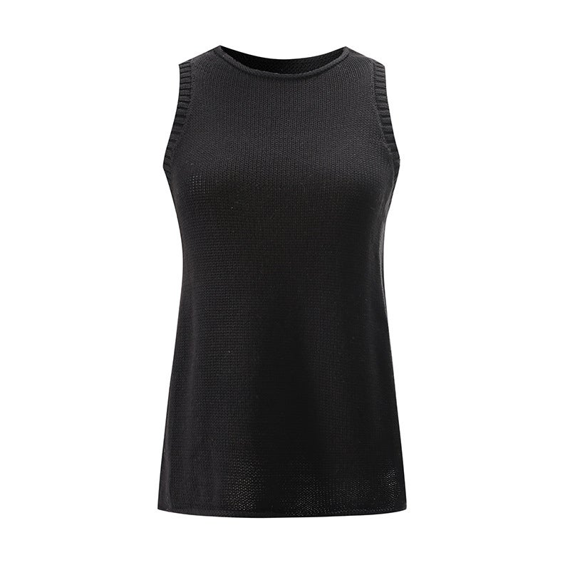 Women's Linen Yarn Knit Camisole - Loose Fit Crew Neck (White/Black) - Image 5