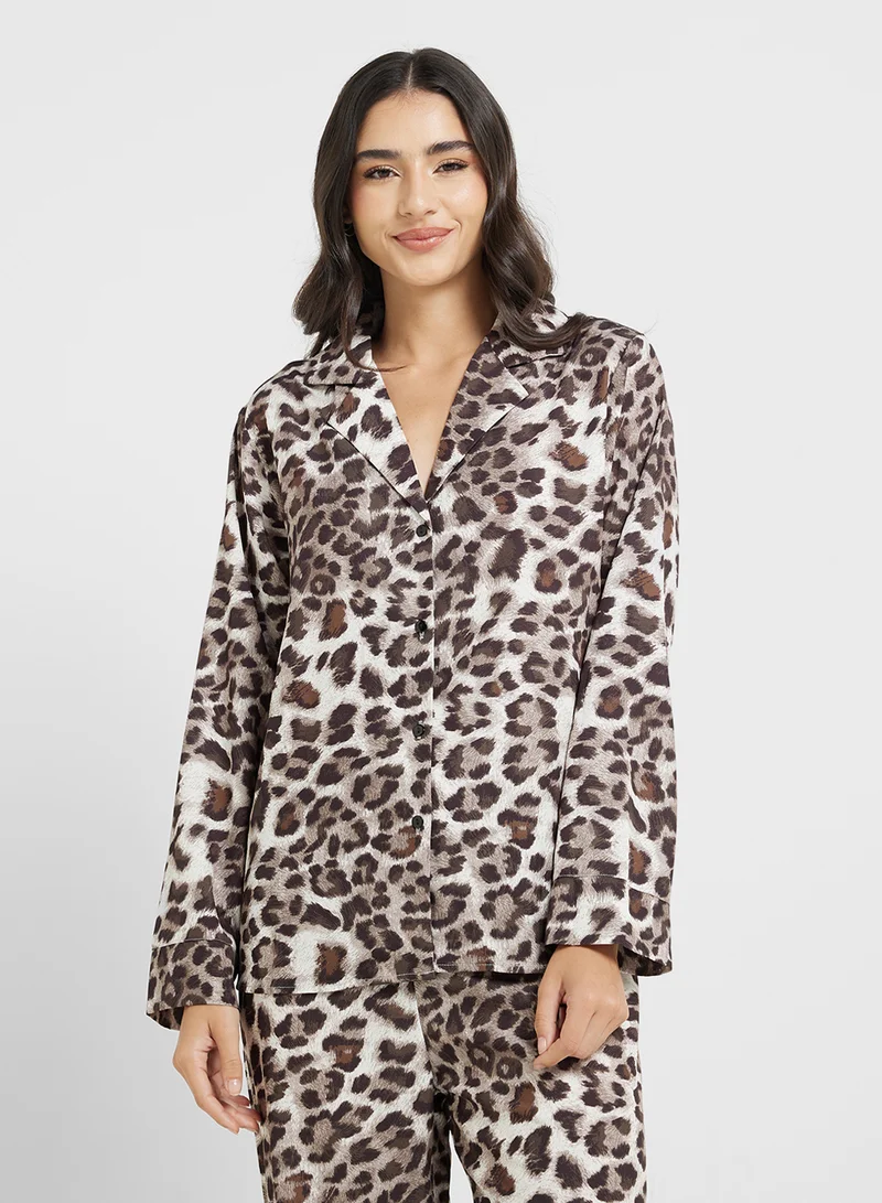 Ginger Leopard Print Button Down Shirt & Pyjama Set