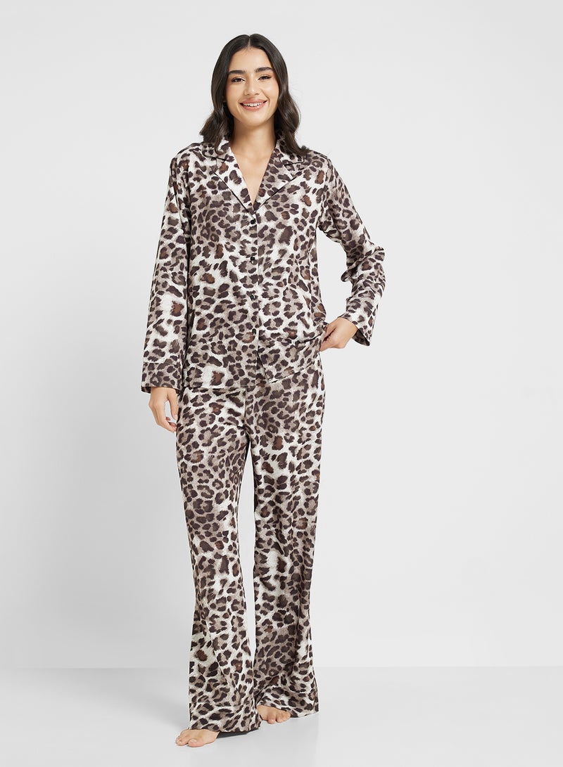 Ginger Leopard Print Button Down Shirt & Pyjama Set  - Image 1