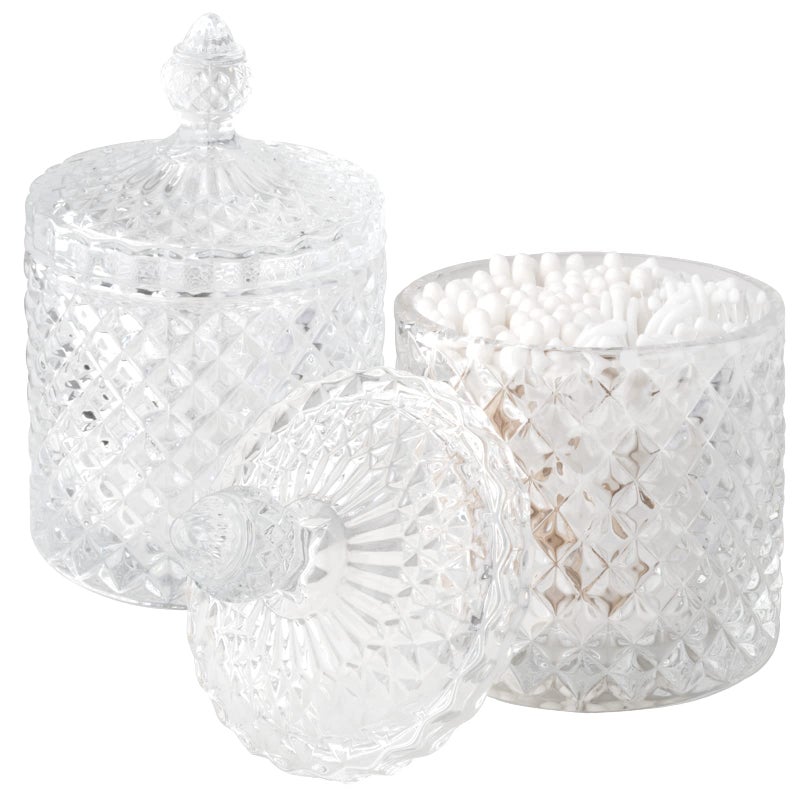 rejomiik 2 Pack Qtip Holder Thick Glass Apothecary Jars with Lid for Bathroom Decor Storage Organizer for Cotton Swabs Balls Pads Floss Picks Candy Jewelry Clear 