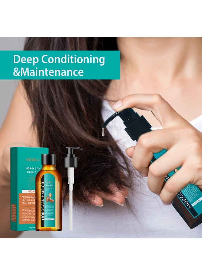 مويكا مجموعة من 3 زيوت مغربية للشعر، زيت الأرغان المغربي، خلاصة الأرغان المغربي للشعر والبشرة والجسم، متعدد الاستخدامات، زيت إكليل الجبل والأرغان للعناية بالشعر، مناسب لتغذية جذور الشعر وترطيبه وحبس الرطوبة والحد من التجعّد - 100 مل × 3 - Image 3