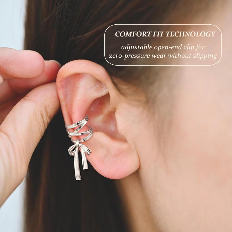 KRFY 1 Pair Bow Ear Cuffs Non Piercing for Women - Adjustable Dangle Cuff Earrings Sparkling Silver Wrap Clip On Cartilage Helix Conch Fake Earrings Faux Jewelry - Image 3
