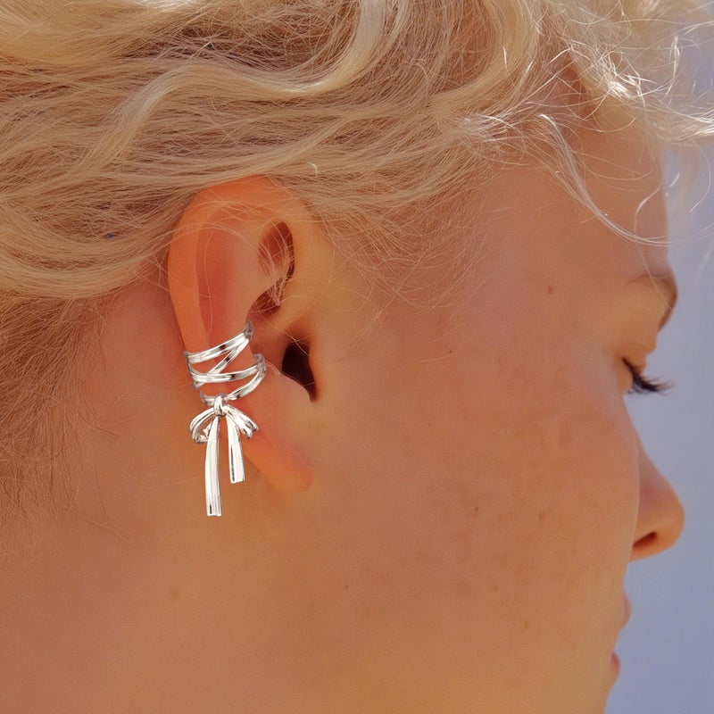 KRFY 1 Pair Bow Ear Cuffs Non Piercing for Women - Adjustable Dangle Cuff Earrings Sparkling Silver Wrap Clip On Cartilage Helix Conch Fake Earrings Faux Jewelry - Image 5