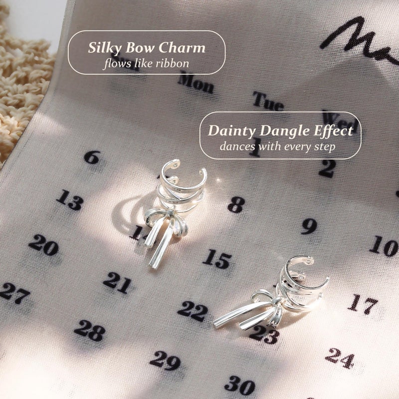 KRFY 1 Pair Bow Ear Cuffs Non Piercing for Women - Adjustable Dangle Cuff Earrings Sparkling Silver Wrap Clip On Cartilage Helix Conch Fake Earrings Faux Jewelry - Image 2