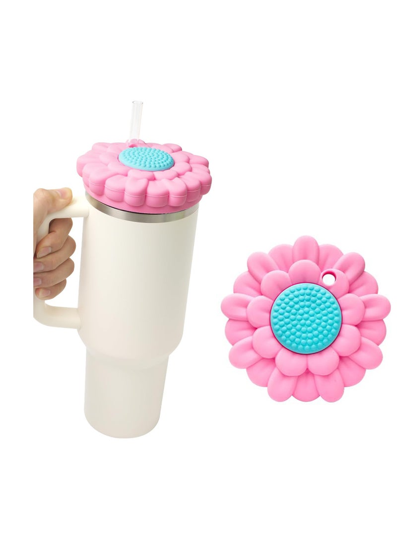 Excefore Flower Silicone Cover for Stanley Cup 40 Oz, Dustproof Scratch Lid Case, Reusable Cute Flower Protective Straw Cover, Accessories decoration Cover for Stanley Cup, Pink Flower  - Image 1