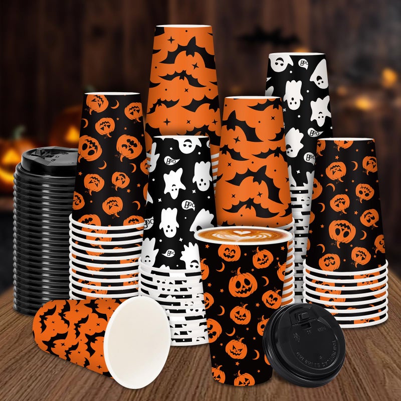 JarThenaAMCS 72 Set Halloween Disposable Coffee Cups with Lids 12oz Black Orange Pumpkin Ghost Bat Paper To Go Coffee Cups for Cappuccino Hot Chocolate Beverage Tea