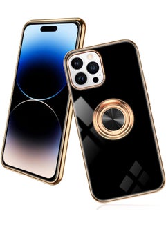 Design for iPhone 14 Pro Case, Soft TPU Edge Plating 360 Degree Rotation Ring Holder Kickstand Protective Anti-Scratch Cover Work with Magnetic Car Mount (iPhone 14 Pro, Black)