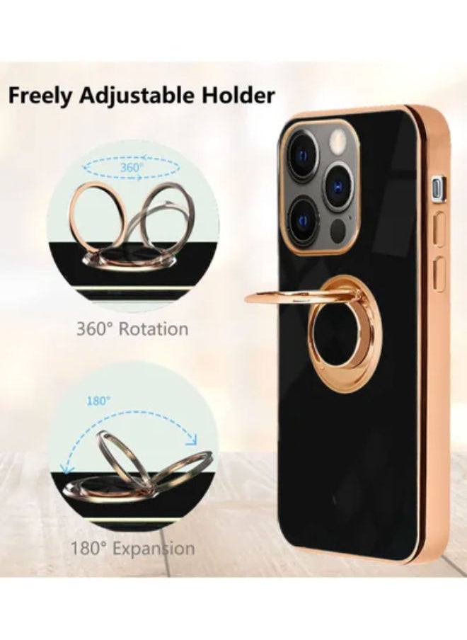 SHOPI - Design for iPhone 14 Pro Case, Soft TPU Edge Plating 360 Degree Rotation Ring Holder Kickstand Protective Anti-Scratch Cover Work with Magnetic Car Mount (iPhone 14 Pro, Black) - Image 1