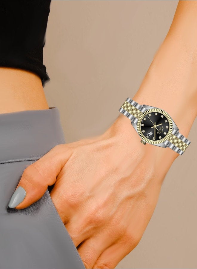مارتيني ساعة مارتيني الأنيقة للنساء بتصميم عصري مينا سوداء وسوار من الفولاذ المقاوم للصدأ مقاومة للماء مثالية للإطلالات الكاجوال والرسمية - Image 4