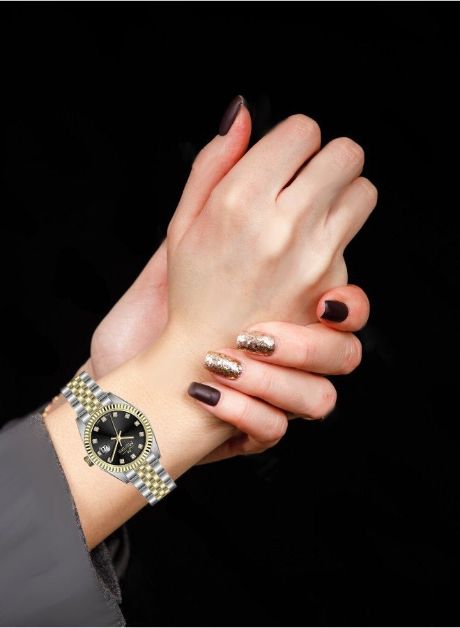 مارتيني ساعة مارتيني الأنيقة للنساء بتصميم عصري مينا سوداء وسوار من الفولاذ المقاوم للصدأ مقاومة للماء مثالية للإطلالات الكاجوال والرسمية - Image 2