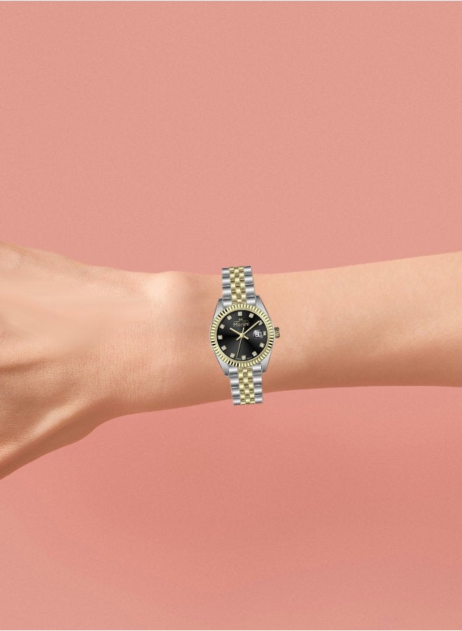 مارتيني ساعة مارتيني الأنيقة للنساء بتصميم عصري مينا سوداء وسوار من الفولاذ المقاوم للصدأ مقاومة للماء مثالية للإطلالات الكاجوال والرسمية - Image 3