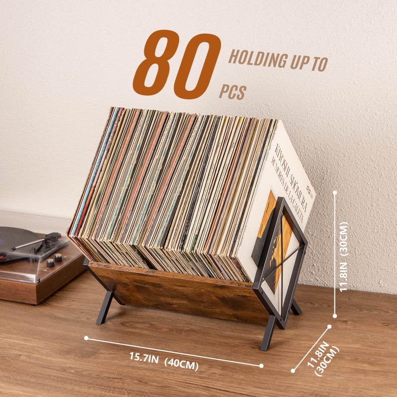 PUERSI Vinyl Record Storage Rack, 80 LP Record Storage Holder, 1 Tier Vinyl Display Shelf with Adjustable Divider, Organizer for Albums, Magazine, Book, Files - Brown - Image 3