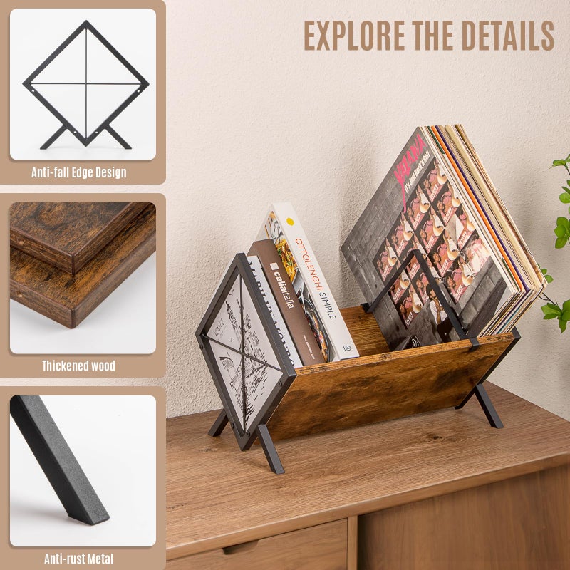PUERSI Vinyl Record Storage Rack, 80 LP Record Storage Holder, 1 Tier Vinyl Display Shelf with Adjustable Divider, Organizer for Albums, Magazine, Book, Files - Brown - Image 4