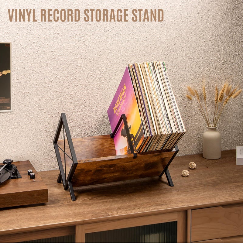 PUERSI Vinyl Record Storage Rack, 80 LP Record Storage Holder, 1 Tier Vinyl Display Shelf with Adjustable Divider, Organizer for Albums, Magazine, Book, Files - Brown - Image 2