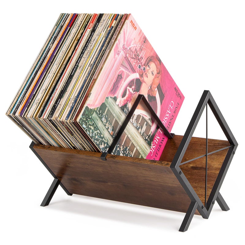 PUERSI Vinyl Record Storage Rack, 80 LP Record Storage Holder, 1 Tier Vinyl Display Shelf with Adjustable Divider, Organizer for Albums, Magazine, Book, Files - Brown - Image 1