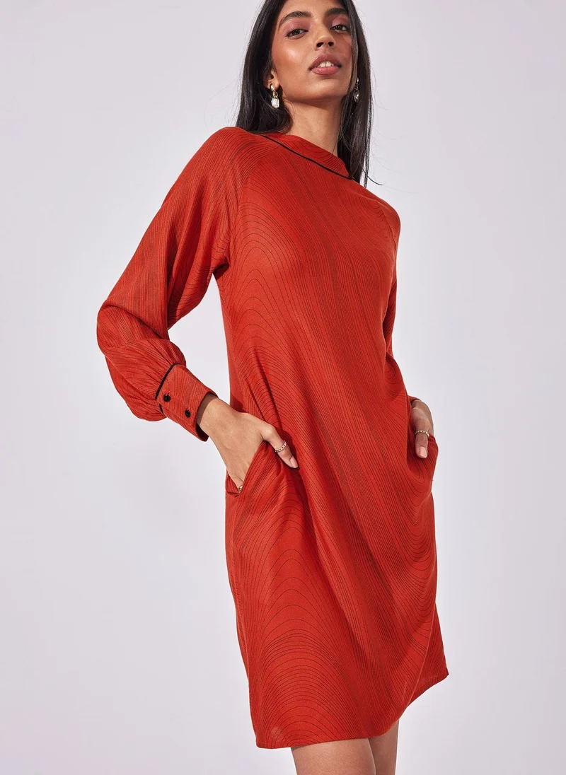 The Label Life The Label Life Women's Long Sleeve Shift Dress with Piping Detail - Rust, Brown