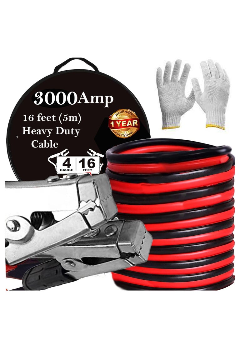TORONTO 3000AMP 16 Feet 5m Heavy Duty Jumper Cables Battery Booster Long Jump Leads for Car Van Truck Includes Carry Bag and Working Gloves - Image 1