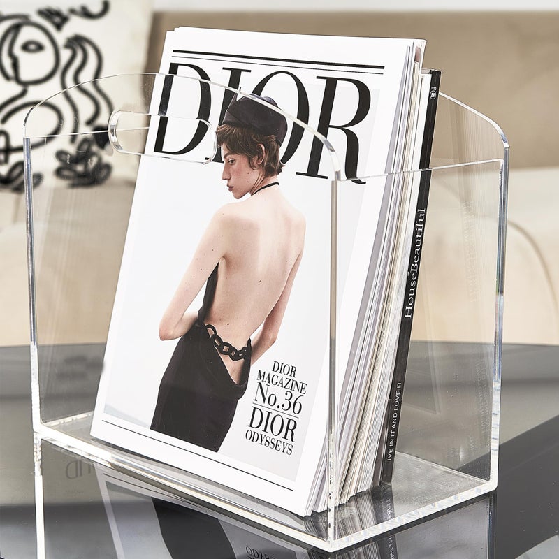 Meicloud Magazine Rack - Clear Acrylic Magazine Holder, Acrylic Newspaper Stand Organizer with handles, Modern Lucite Magazine and Book Basket Box for Bathroom, Bedroom, Living Room and Office - Image 1
