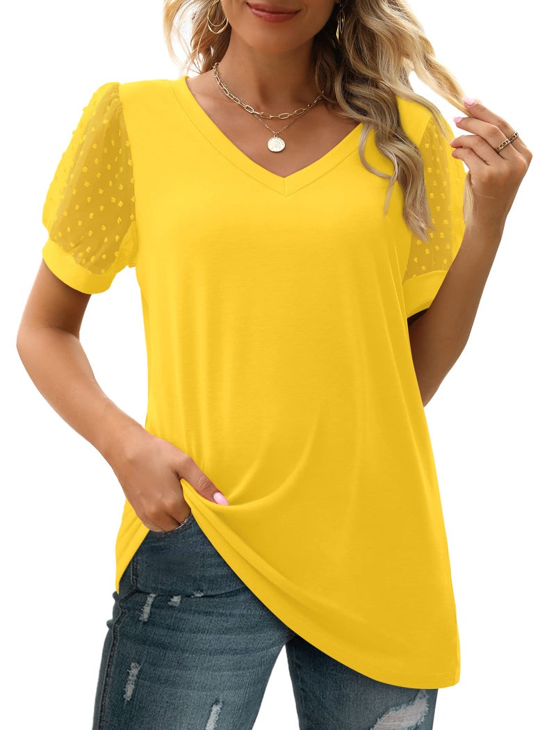 Aokosor Yellow Tops for Women Dressy Casual Puff Short Sleeve Shirts for Women Spring Work Date Night Outfits Fashion Clothing Plus Size Clothes XL - Image 3
