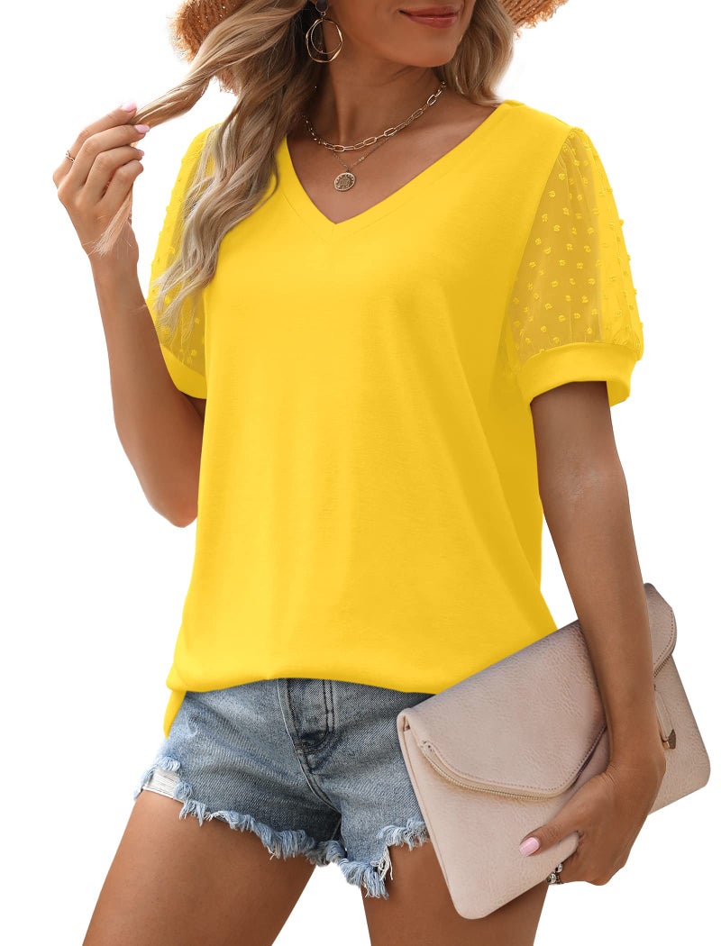 Aokosor Yellow Tops for Women Dressy Casual Puff Short Sleeve Shirts for Women Spring Work Date Night Outfits Fashion Clothing Plus Size Clothes XL - Image 2
