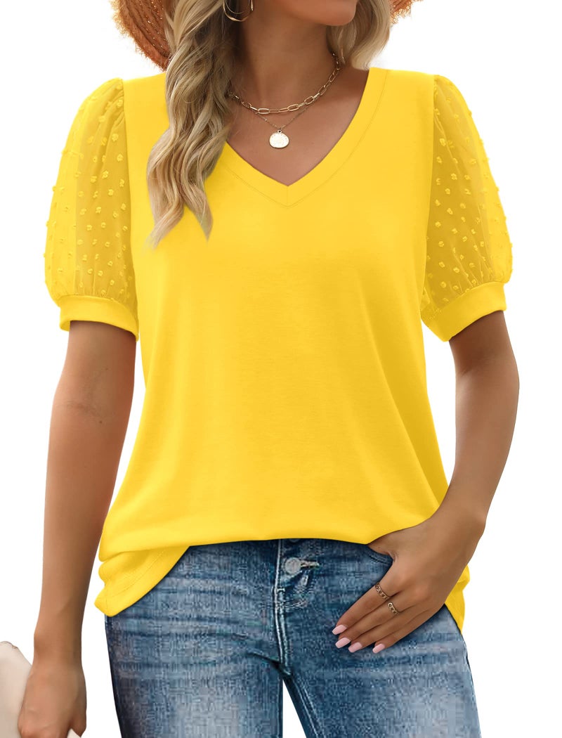 Aokosor Yellow Tops for Women Dressy Casual Puff Short Sleeve Shirts for Women Spring Work Date Night Outfits Fashion Clothing Plus Size Clothes XL - Image 1