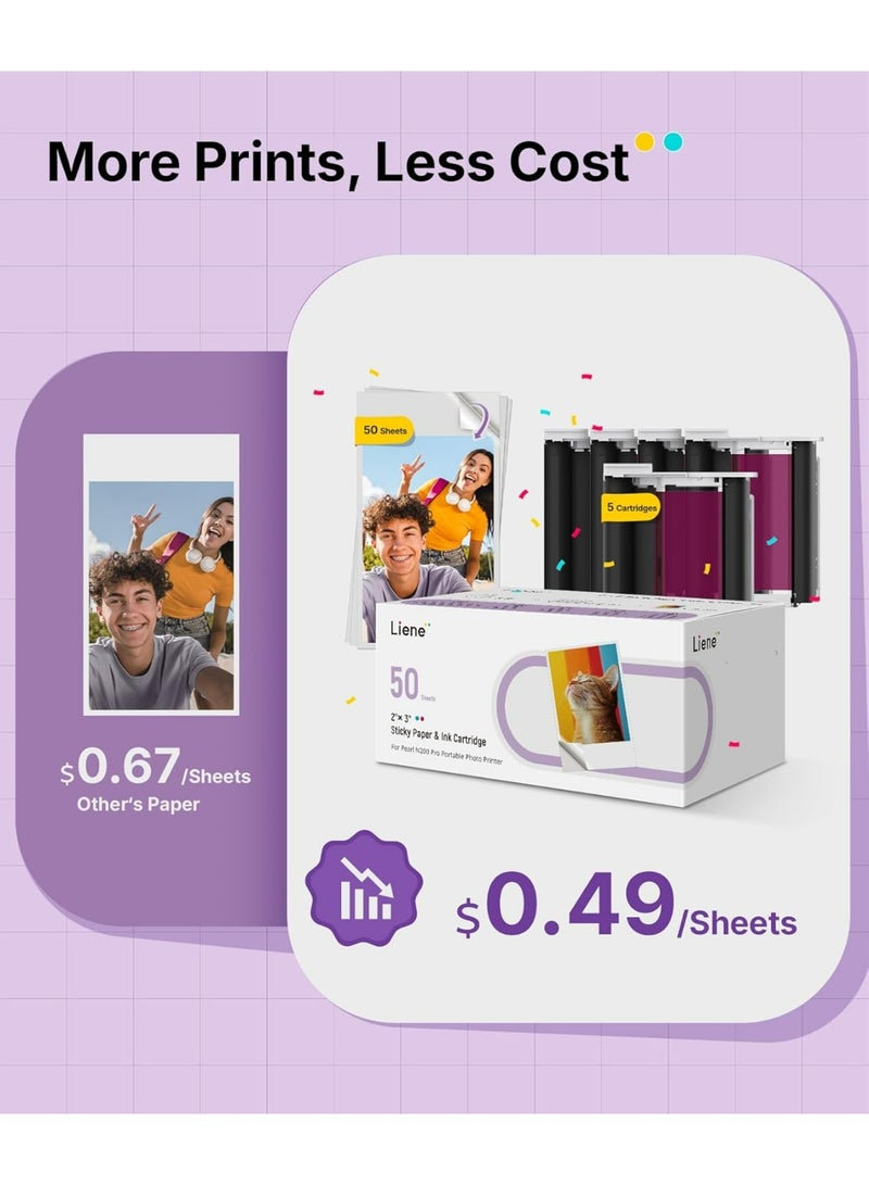 Liene Pearl N200 Pro 2x3 Inch Dye-Sublimation Photo Sticker Paper Refill Pack – 50 Sheets with 5 Ink Cartridges for Portable Photo Printer - Image 3