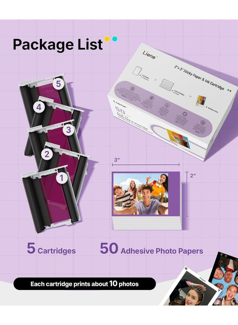 Liene Pearl N200 Pro 2x3 Inch Dye-Sublimation Photo Sticker Paper Refill Pack – 50 Sheets with 5 Ink Cartridges for Portable Photo Printer - Image 4