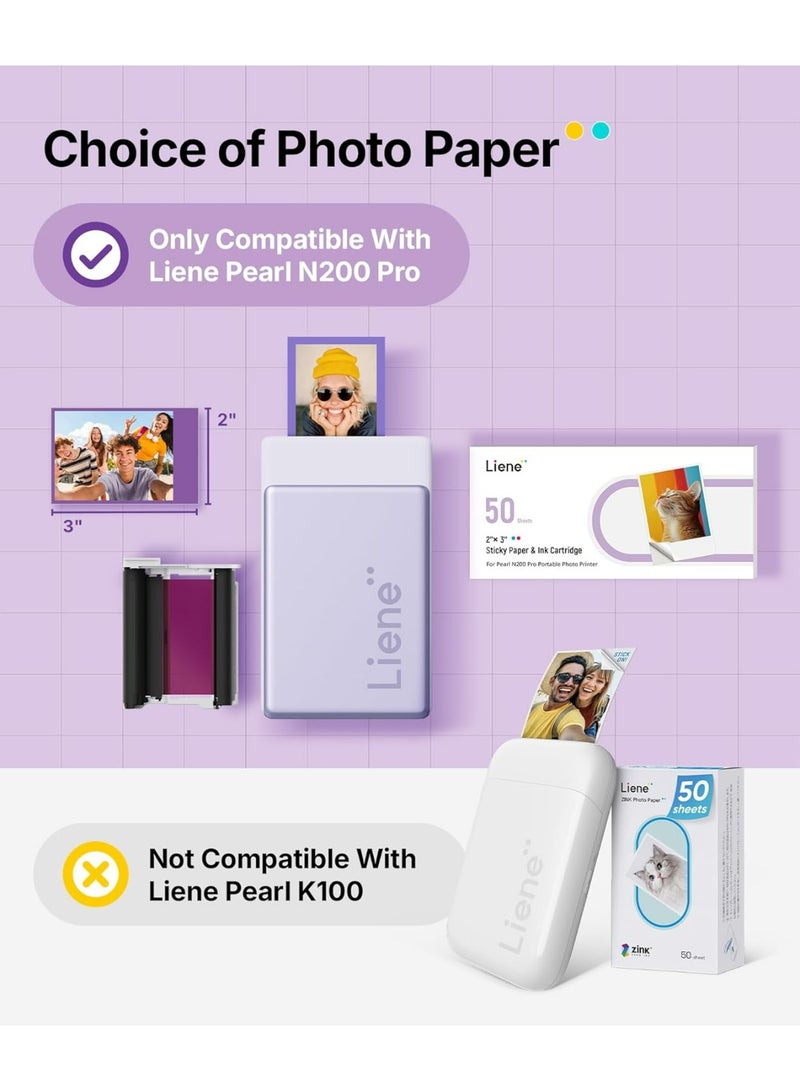 Liene Pearl N200 Pro 2x3 Inch Dye-Sublimation Photo Sticker Paper Refill Pack – 50 Sheets with 5 Ink Cartridges for Portable Photo Printer - Image 2
