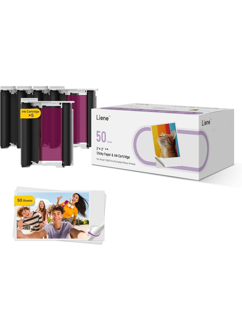 Liene Pearl N200 Pro 2x3 Inch Dye-Sublimation Photo Sticker Paper Refill Pack – 50 Sheets with 5 Ink Cartridges for Portable Photo Printer - Image 1