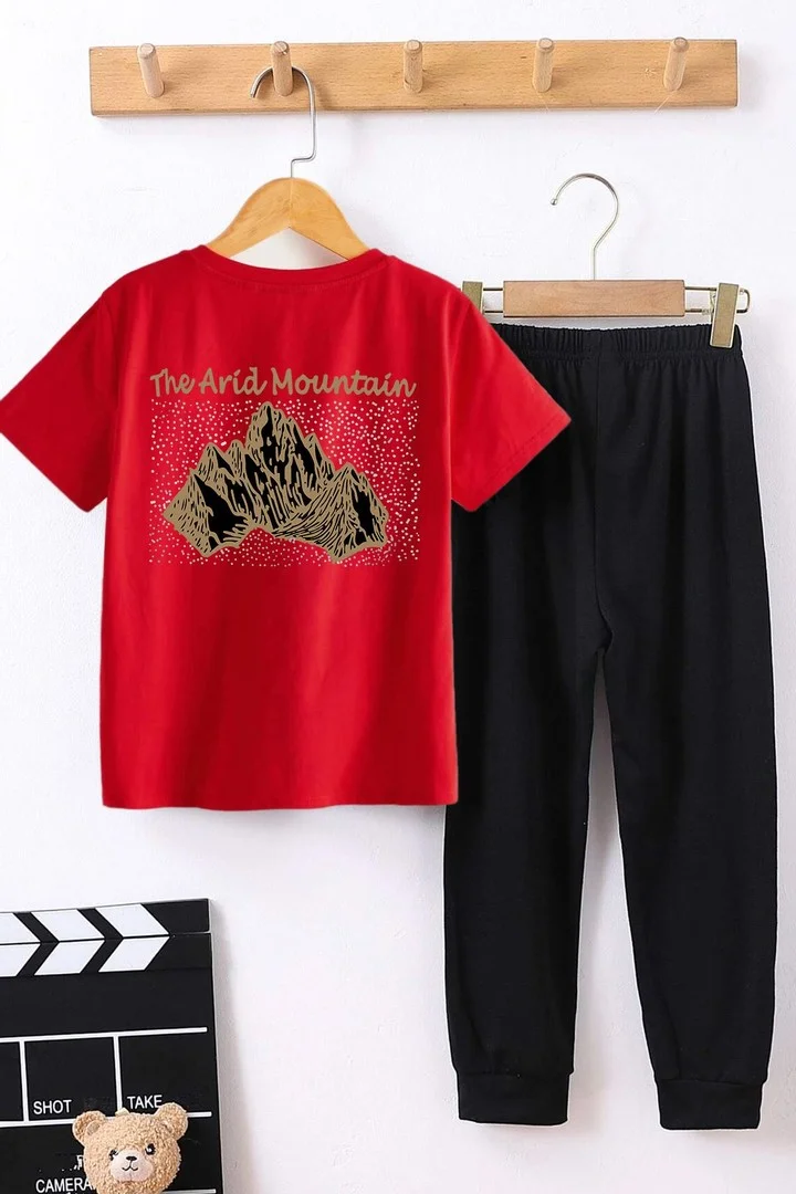 ONLYTRENDWEAR Childrens Arid Mountain Printed Bottom - Top Tracksuit Set 3-4 Years Old Red
