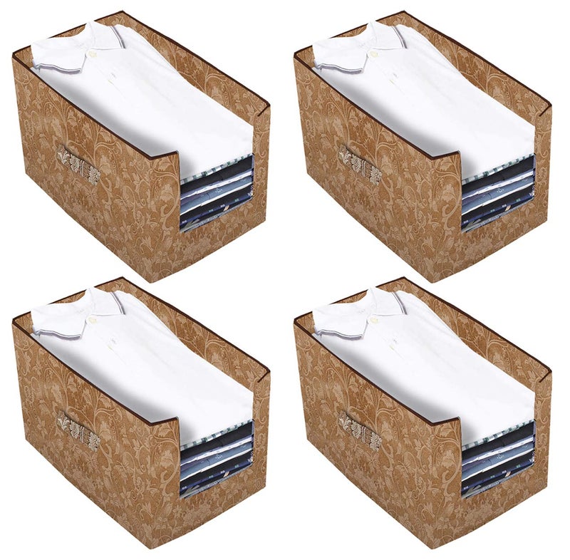 Kuber Industries Kuber Industries Metallic Printed 4 Piece Non Woven Shirt Stacker Wardrobe Organizer Set Beige CTKTC034894  - Image 1