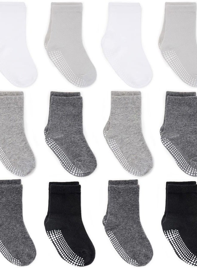 ZAPLES Baby Non Slip Grip Crew Socks with Anti Skid Soles for Infants Toddlers Kids Boys Girls, Grayscale, 4-7 years - Image 1