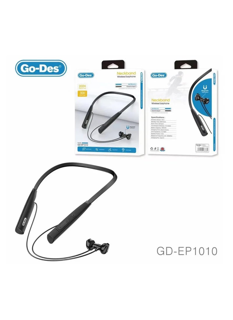 GO-DES - Go-Des Hands-free Magnetic Wireless Neckband Earphone-GD-EP1010 - Black - Image 1