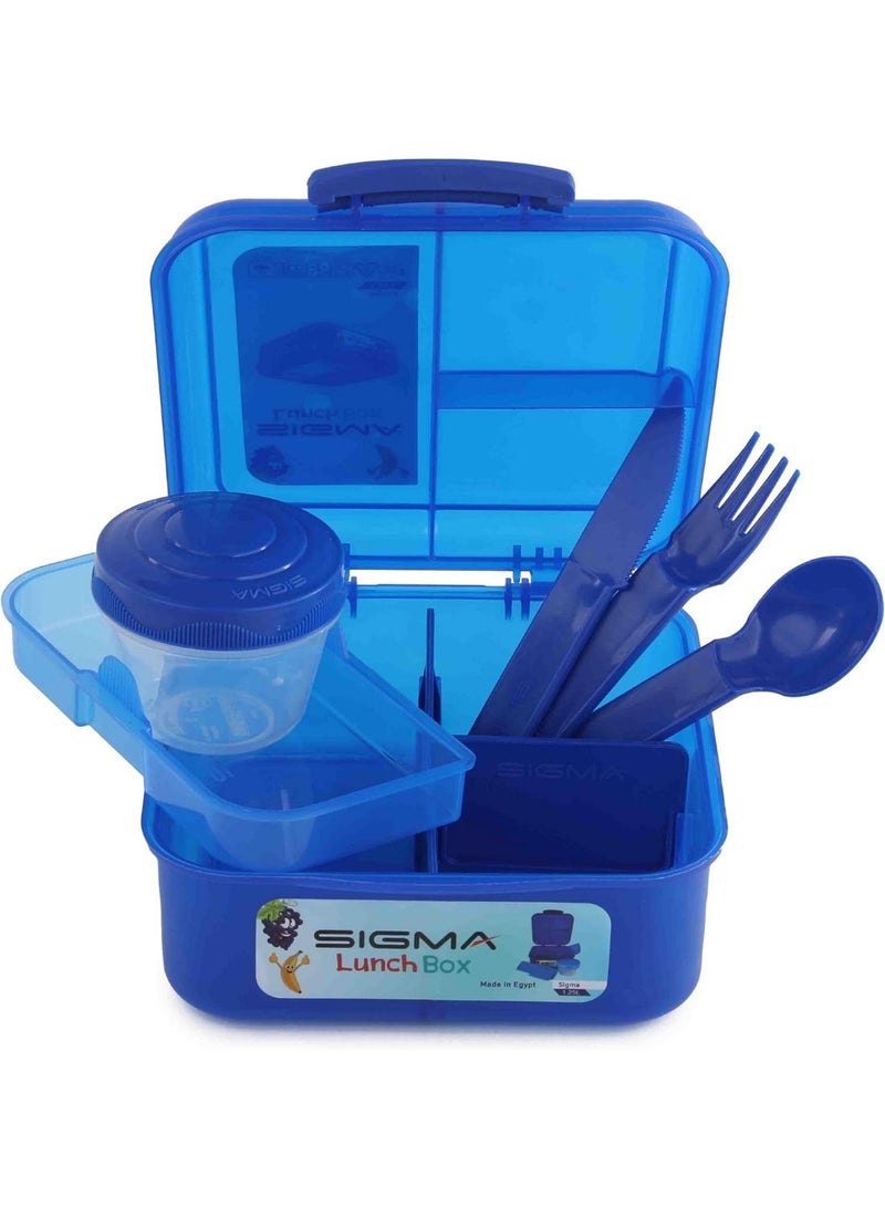SIGMA Multi-Compartment Kids & Adults Lunch Box (1.25L) with Cutlery Set & Sauce Container – Blue - Image 1