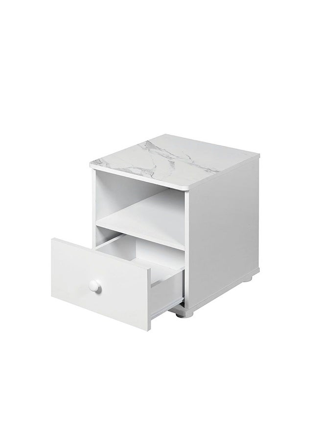 DANUBE HOME Hello Night Stand Multifunctional Bedside Table Space Saving Nightstand Side Table Modern Design Furniture For Bedroom L 40x40x45 cm  White/White Faux Marble  - Image 5