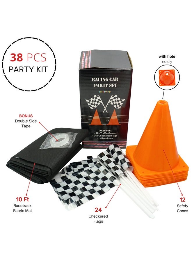 4E's Novelty 38 Pcs Set - 12 Traffic Cones With Hole on Top, 24 Checkered Flags, Racetrack Floor Runner - for For Race Car Birthday Party Supplies, Table Centerpiece Decorations Kids Gift by 4E's Novelty  - Image 2
