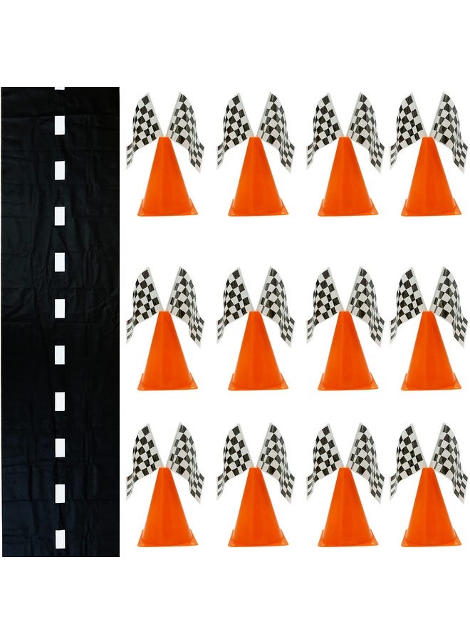 4E's Novelty 38 Pcs Set - 12 Traffic Cones With Hole on Top, 24 Checkered Flags, Racetrack Floor Runner - for For Race Car Birthday Party Supplies, Table Centerpiece Decorations Kids Gift by 4E's Novelty  - Image 1