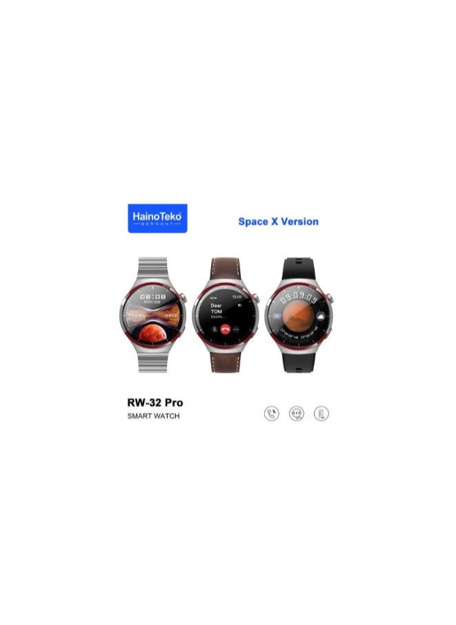 Haino Teko - RW-32 Pro Smart Watch Compatible With Android and iOS Devices Curved glass is crafted into seamless shape with smooth lines from every angle, achieving an exquisitely, incredibly stylish look and feel. Round Shape AMOLED Display produces richer colours, higher brightness levels and superior contrast than traditional LCD screens. Since they have deeper levels of black, text and images are more legible in broad bright light Bluetooth calling : you can not only receive call notifications on your smartwatch with calling feature but also attend them directly through the watch's interface via a built-in speaker and a microphone Unique to our smartwatch the Prayer Timings This feature serve as your spiritual companion, helping you stay grounded and focused no matter where you are RW-32 Pro Smart Watch With Built In Multiple Dial Faces Users can customize their watch face to their style or for their needs RW-32 Pro Smart Watch Comes With 3 Pair Straps You Can Change The Strap Anytime Anywhere - Image 1