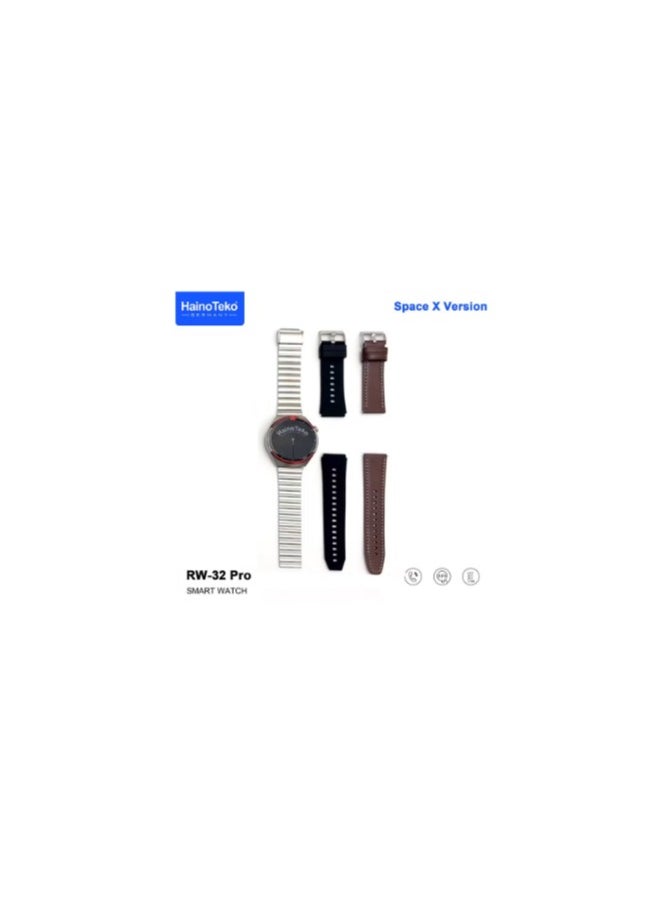 Haino Teko - RW-32 Pro Smart Watch Compatible With Android and iOS Devices Curved glass is crafted into seamless shape with smooth lines from every angle, achieving an exquisitely, incredibly stylish look and feel. Round Shape AMOLED Display produces richer colours, higher brightness levels and superior contrast than traditional LCD screens. Since they have deeper levels of black, text and images are more legible in broad bright light Bluetooth calling : you can not only receive call notifications on your smartwatch with calling feature but also attend them directly through the watch's interface via a built-in speaker and a microphone Unique to our smartwatch the Prayer Timings This feature serve as your spiritual companion, helping you stay grounded and focused no matter where you are RW-32 Pro Smart Watch With Built In Multiple Dial Faces Users can customize their watch face to their style or for their needs RW-32 Pro Smart Watch Comes With 3 Pair Straps You Can Change The Strap Anytime Anywhere - Image 1