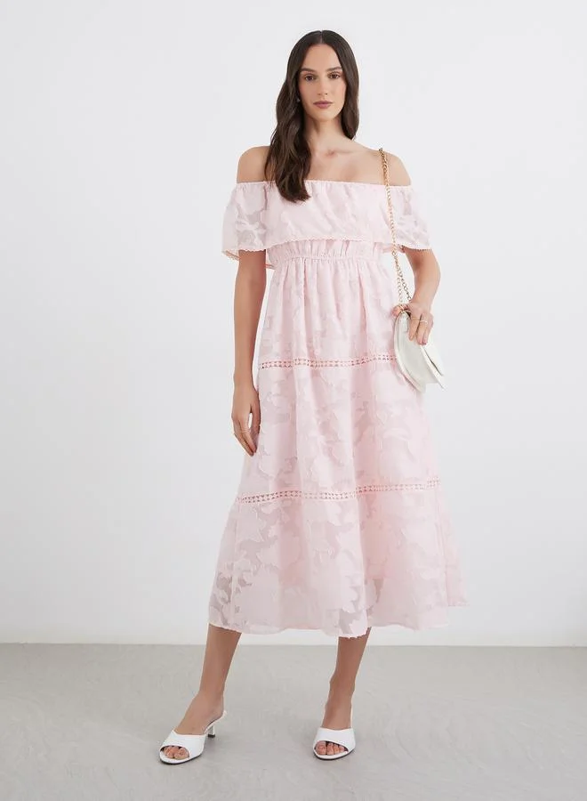 Styli Styli Burn Out Lave Off Shoulder Tiered Midi Dress