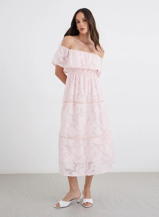 Styli Styli Burn Out Lave Off Shoulder Tiered Midi Dress