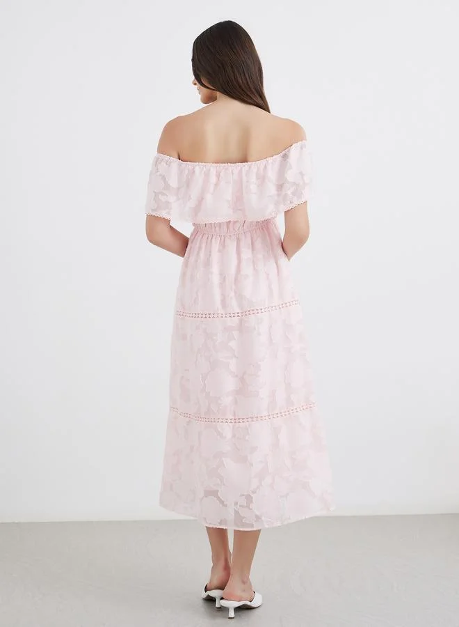 Styli Styli Burn Out Lave Off Shoulder Tiered Midi Dress