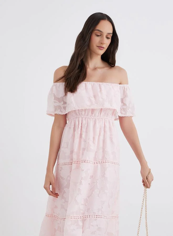 Styli Styli Burn Out Lave Off Shoulder Tiered Midi Dress