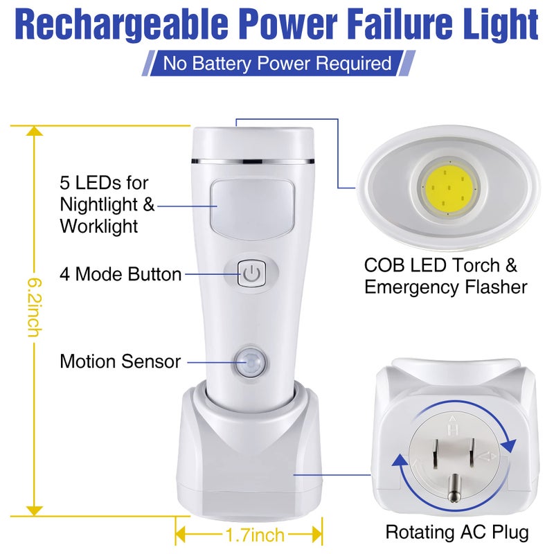 Enhon 4 in 1 LED Emergency Lights for Home Power Failure, 2 Pack Rechargeable Plug in Flashlight Motion Sensor Night Light, Automatic Turn On Power Outage Light for Home Hurricane Supplies(White) - Image 3