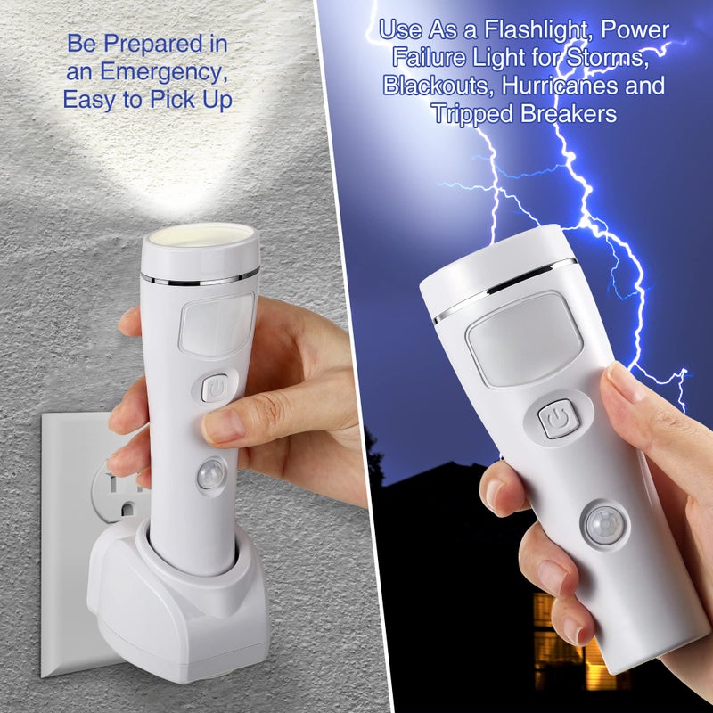 Enhon 4 in 1 LED Emergency Lights for Home Power Failure, 2 Pack Rechargeable Plug in Flashlight Motion Sensor Night Light, Automatic Turn On Power Outage Light for Home Hurricane Supplies(White) - Image 4
