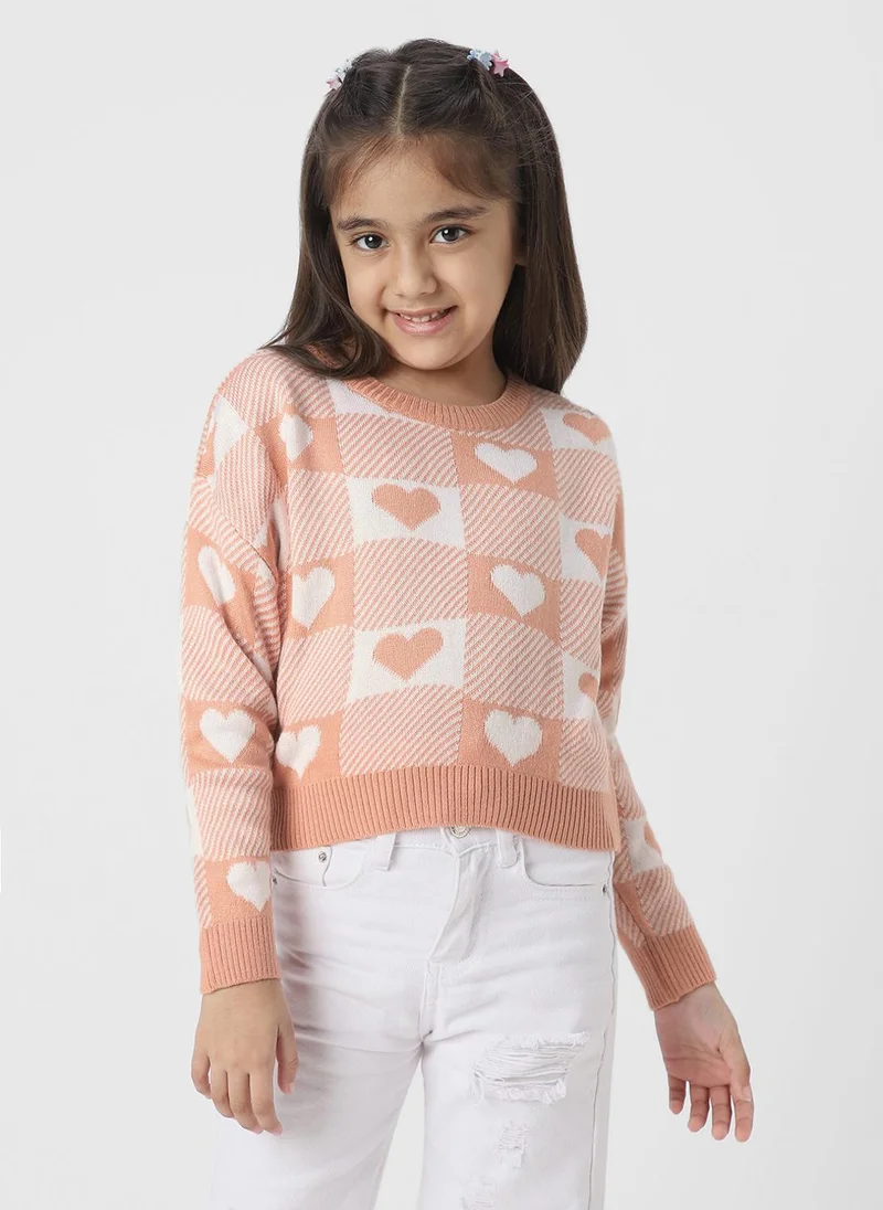 Nautinati Girls Pink Self Design Acrylic Pullover Sweater
