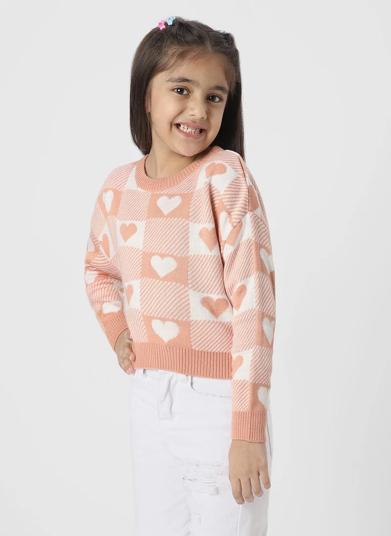 Girls Pink Self Design Acrylic Pullover Sweater