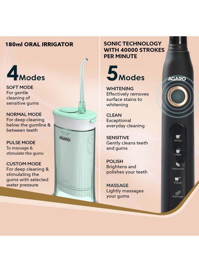 AGARO Cosmic Plus Sonic Toothbrush Black & Ultra Travel Portable Oral Irigator 180 ML Black, Combo - Image 5